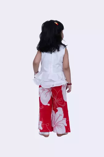 Twisha cotton smart polka and pansies top with floral printed palazzo-white & red