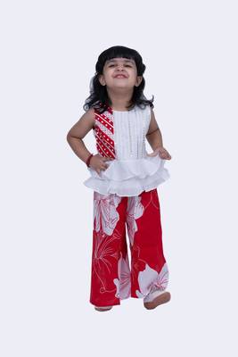 Twisha cotton smart polka and pansies top with floral printed palazzo-white & red 5