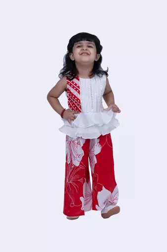 Twisha cotton smart polka and pansies top with floral printed palazzo-white & red