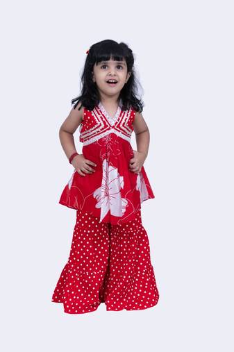 Twisha cotton smart pansies and polka printed top & polka dotted sharara -red & white