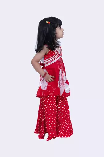 Twisha cotton smart pansies and polka printed top & polka dotted sharara -red & white