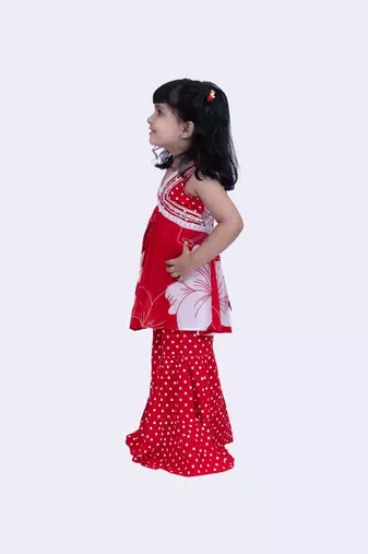 Twisha cotton smart pansies and polka printed top & polka dotted sharara -red & white