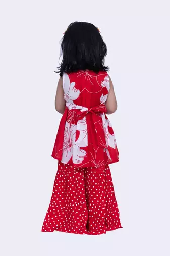 Twisha cotton smart pansies and polka printed top & polka dotted sharara -red & white