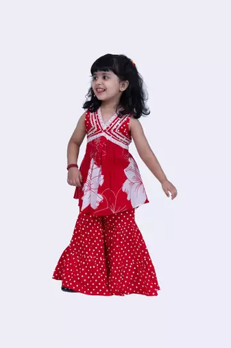 Twisha cotton smart pansies and polka printed top & polka dotted sharara -red & white