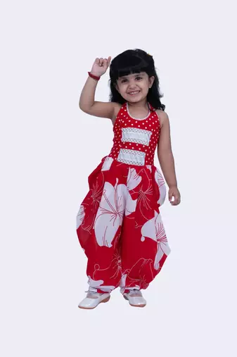 Twisha cotton smart polka and pansies printed jumpsuit -red & white