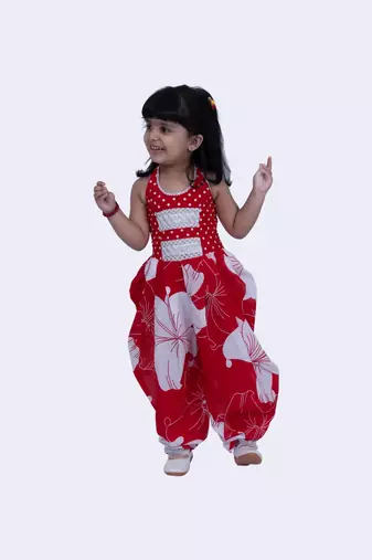 Twisha cotton smart polka and pansies printed jumpsuit -red & white