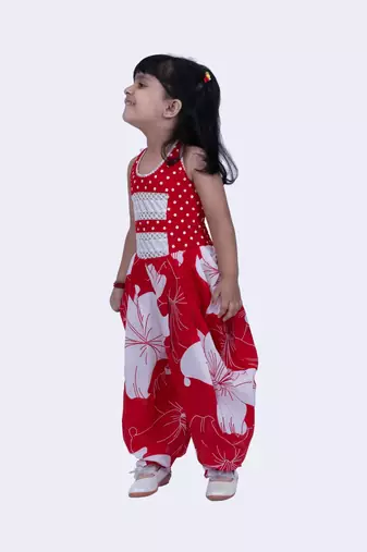 Twisha cotton smart polka and pansies printed jumpsuit -red & white