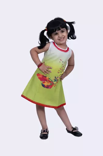 Twisha sweet slub butterfly printed dress-lime green