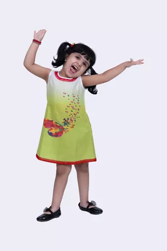 Twisha sweet slub butterfly printed dress-lime green