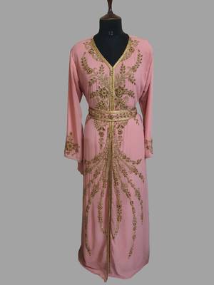 Peach color Handmade Moroccan Kaftan with hijab 1