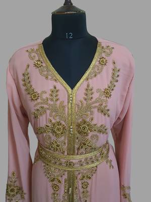 Peach color Handmade Moroccan Kaftan with hijab 2