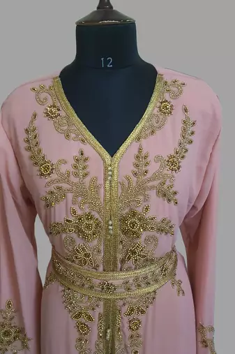 Peach color Handmade Moroccan Kaftan with hijab