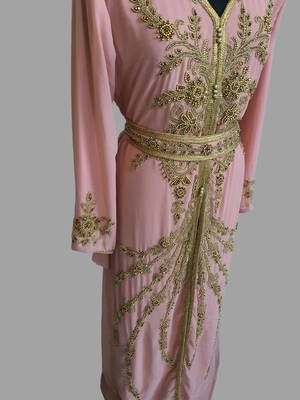 Peach color Handmade Moroccan Kaftan with hijab 3