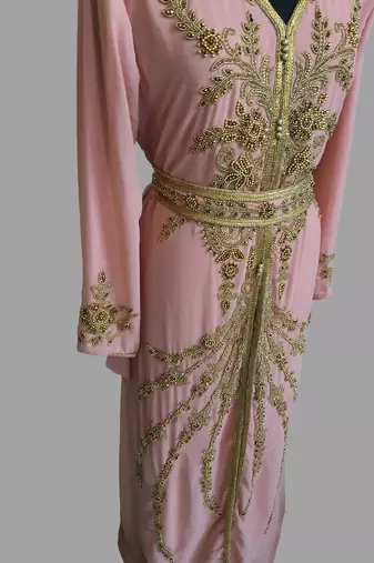 Peach color Handmade Moroccan Kaftan with hijab