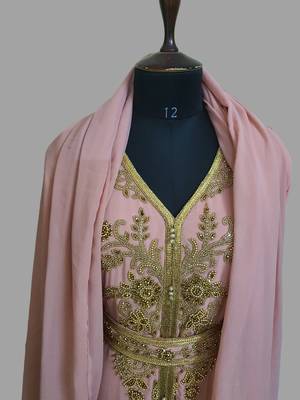 Peach color Handmade Moroccan Kaftan with hijab 4