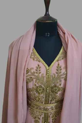 Peach color Handmade Moroccan Kaftan with hijab