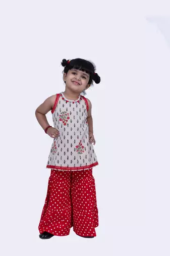 Twisha sweet cotton patola & floral printed top & polka printed sharara-offwhite & red