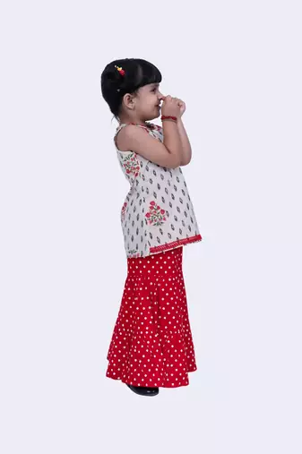 Twisha sweet cotton patola & floral printed top & polka printed sharara-offwhite & red