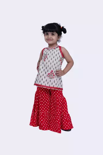 Twisha sweet cotton patola & floral printed top & polka printed sharara-offwhite & red