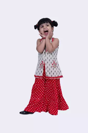 Twisha smart cotton patola & foral printed top & polka sharara-offwhite & red