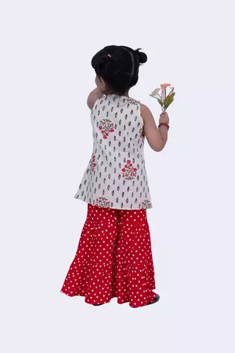 Twisha smart cotton patola & foral printed top & polka sharara-offwhite & red