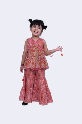 Twisha smart cotton prited top & striped sharara -grey & pink 1