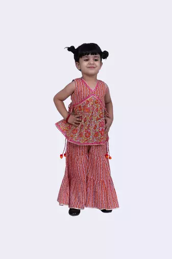 Twisha smart cotton prited top & striped sharara -grey & pink