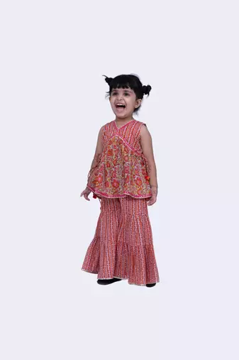 Twisha smart cotton prited top & striped sharara -grey & pink