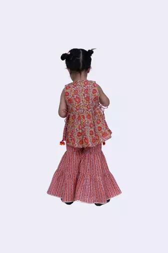 Twisha smart cotton prited top & striped sharara -grey & pink