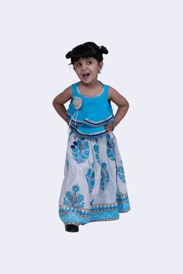 Twisha rayon lace detail frill top & mughal printed ghaghra-blue & white 1
