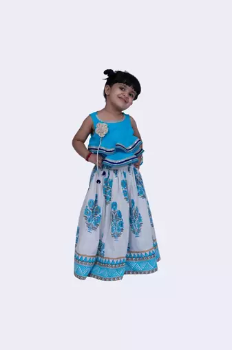 Twisha rayon lace detail frill top & mughal printed ghaghra-blue & white