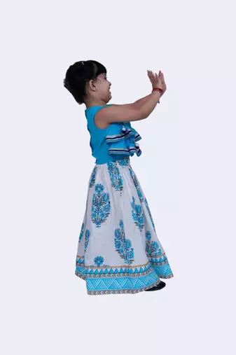 Twisha rayon lace detail frill top & mughal printed ghaghra-blue & white
