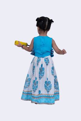 Twisha rayon lace detail frill top & mughal printed ghaghra-blue & white 5