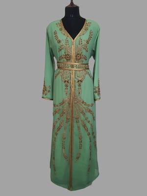 Pear color Handmade Moroccan Kaftan with hijjab 1