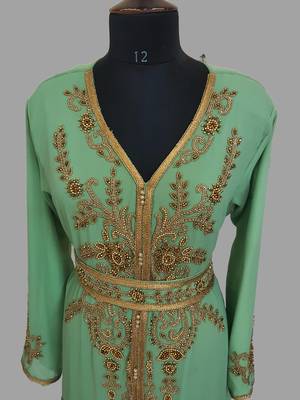 Pear color Handmade Moroccan Kaftan with hijjab 2