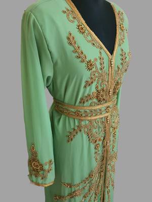 Pear color Handmade Moroccan Kaftan with hijjab 3