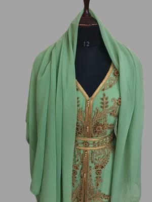 Pear color Handmade Moroccan Kaftan with hijjab 5