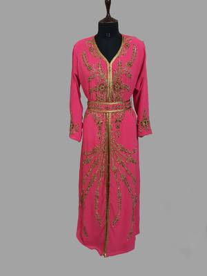 Raspberry color Handmade Moroccan Kaftan with hijjab 1