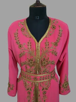 Raspberry color Handmade Moroccan Kaftan with hijjab 2
