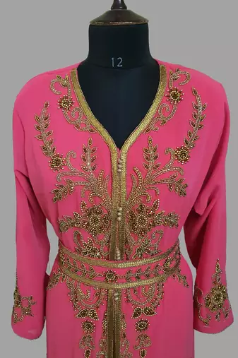 Raspberry color Handmade Moroccan Kaftan with hijjab