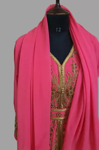 Raspberry color Handmade Moroccan Kaftan with hijjab