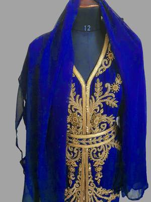 Royal-Blue color Handmade Moroccan Kaftan with hijjab 5