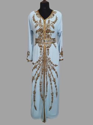 Sky-Blue color Handmade Moroccan Kaftan with hijjab 1