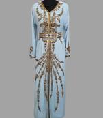Sky-Blue color luxurious Handmade Moroccan Kaftan with hijjab