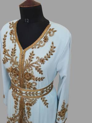 Sky-Blue color Handmade Moroccan Kaftan with hijjab 2