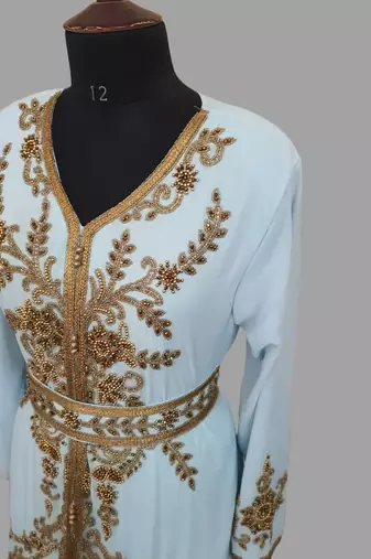 Sky-Blue color Handmade Moroccan Kaftan with hijjab