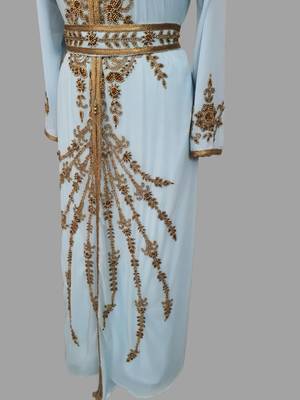 Sky-Blue color Handmade Moroccan Kaftan with hijjab 3