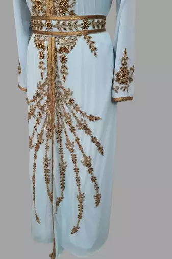 Sky-Blue color Handmade Moroccan Kaftan with hijjab