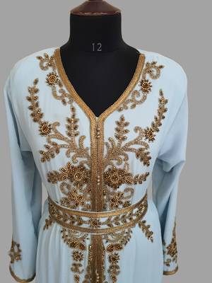 Sky-Blue color Handmade Moroccan Kaftan with hijjab 4