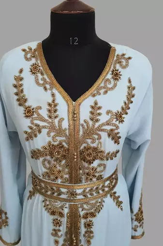Sky-Blue color Handmade Moroccan Kaftan with hijjab